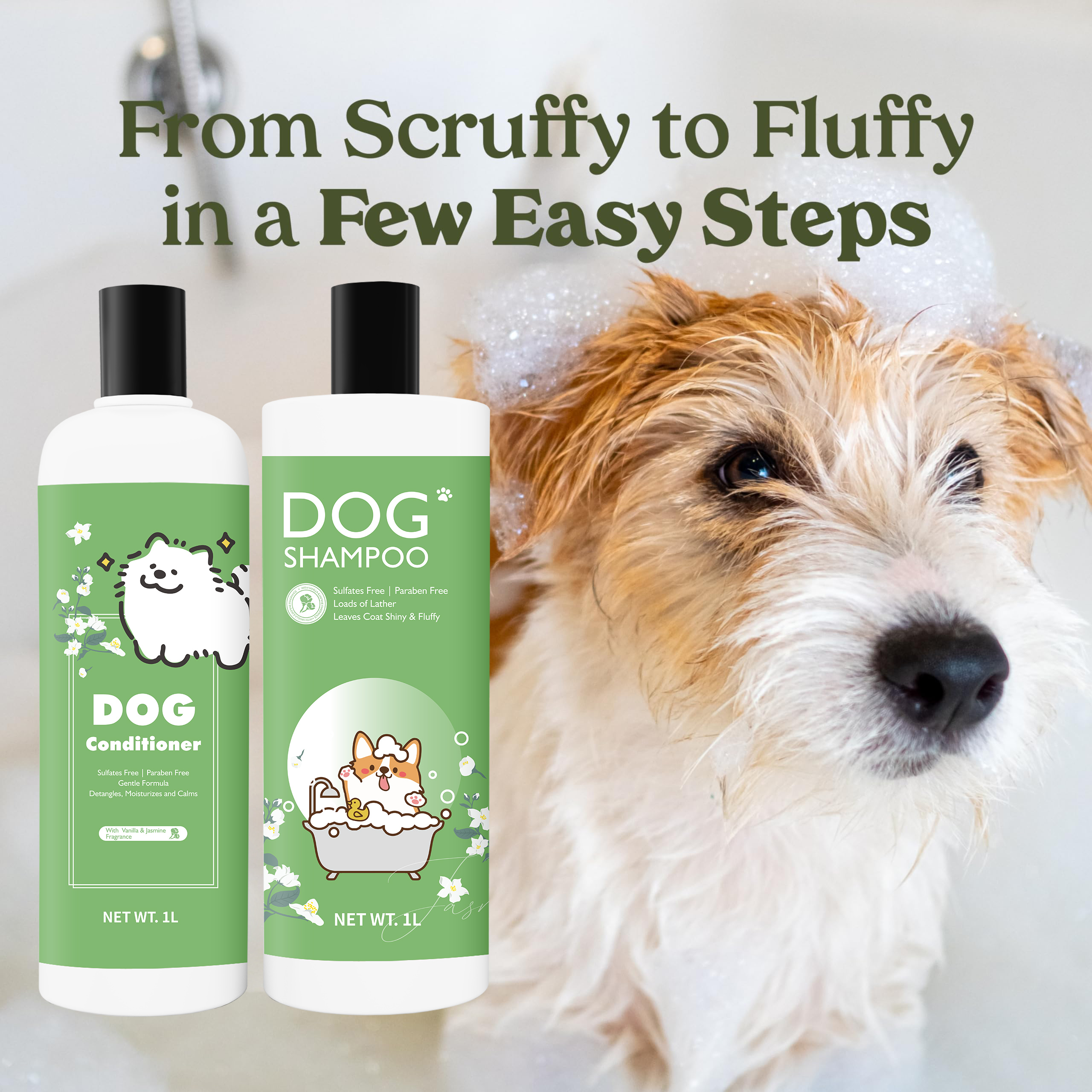 Dog Shampoo & Conditioner Set With Vanilla & Jasmine Fragrance