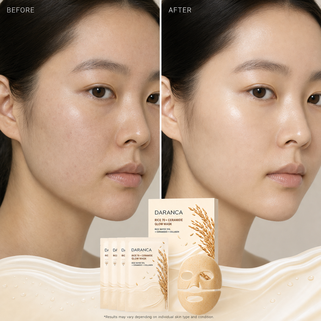 DARANCA Rice 70 + Ceramide 4 Sheet Barrier Mask 70% Rice Water Collagen Hydrating Repair Brightening
