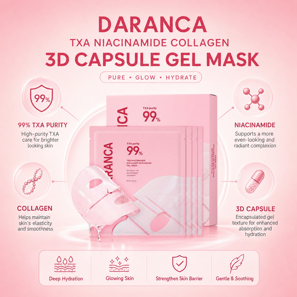 Private Label 99% TXA Niacinamide Collagen 3D Capsule Facial Mask Brightening Firming Deep Hydrating Hydrogel